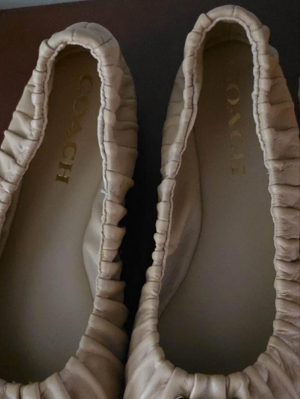 Coach Womens Eleanor Beige Elastic Top Ballet Flats with Gold Accent